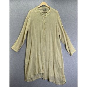 FLAX Medium Linen Long Shirt Dress‎ Button Front Green Yellow Kaftan Oversized